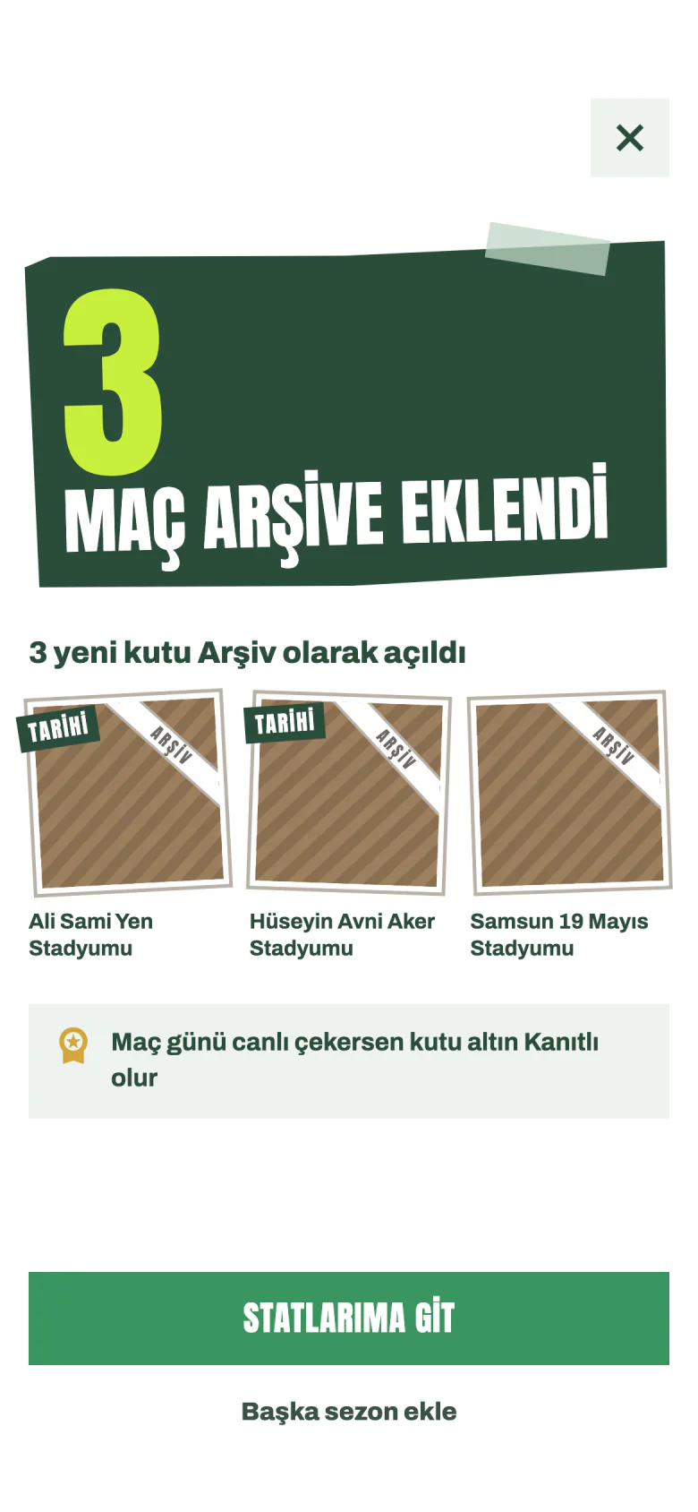 3 maç arşive eklendi: üç yeni sepya ARŞİV kutusu; Ali Sami Yen ve Hüseyin Avni Aker “Tarihi” etiketli, yanında Samsun 19 Mayıs.